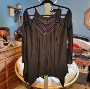 Black Crochet Open Shoulder Long Sleeve Top